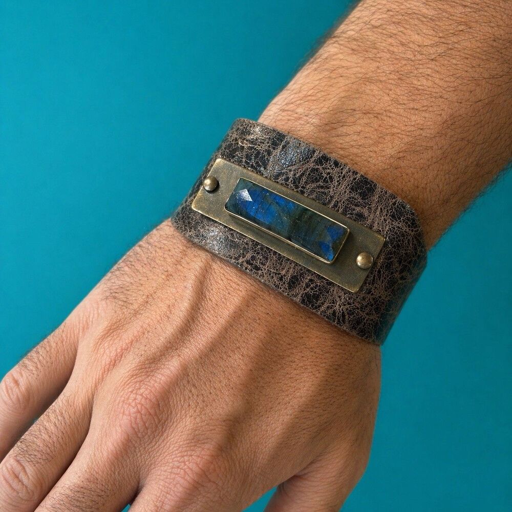 Wide Distressed Leather Cuff Bracelet Labradorite Stone Brass Rivets Boho Rustic